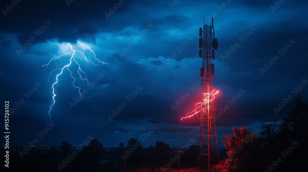 Poster a tall tower with red lights on top of it