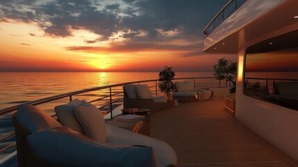 A cabin cruiser at sunset, with the deck s comfortable seating arranged for stargazing