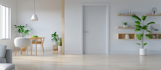 modern and minimalist interior design of an apartment living room with white walls, wooden furniture