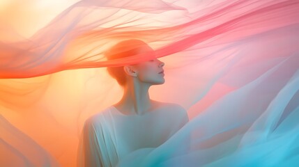 Woman's Face Hidden by a Flowing Pink and Blue Fabric