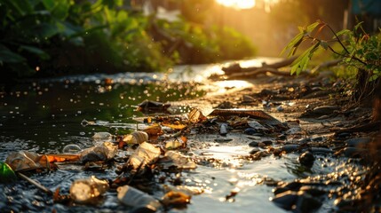 Fototapeta premium A river with trash floating in it