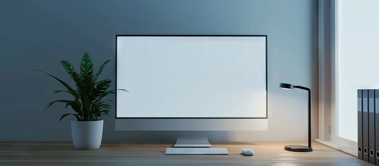 modern computer monitor with a blank white screen on a desk in a home office interior