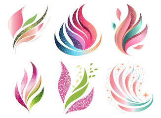 Stylized Abstract Floral Designs in Sparkling Gradient Hues Featuring Soft Curves and Leafy Motifs with a Modern, Elegant Aesthetic.