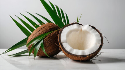 Coconuts with white flesh, green leaves, split coconut halves, Coconut isolated on white background. Ai generative