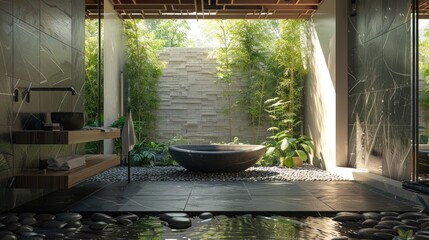 Zen-inspired bathroom with natural stone and greenery