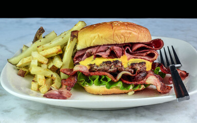 roast beef  bacon cheese burger with fries