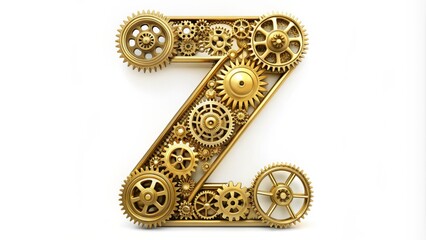 Obraz premium Intricate, ornate, golden gears and cogs form a stylized, Victorian-era-inspired letter Z, set against a crisp, clean white background in a detailed 3D illustration.