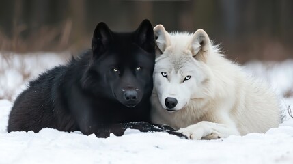Obraz premium Black and White Wolves Resting in Snowy Woods