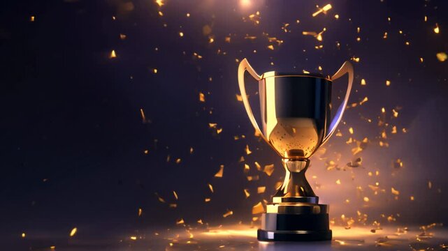 Golden trophy with sparkling confetti on a dark background. Video of award and celebration concept