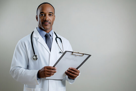 A reliable male doctor is captured in a clean, white setting, holding a patient chart with confidence. The simplicity of the background enhances the sense of professionalism, while his attentive gaze
