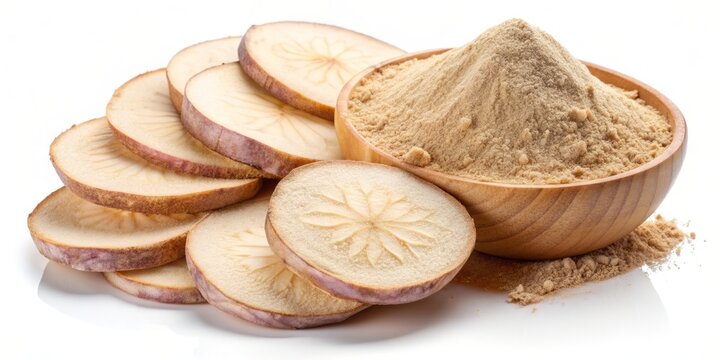 Isolated Pueraria mirifica fruit slices and powder on a white background, showcasing the medicinal plant's nutritional benefits and culinary uses in traditional herbal medicine.