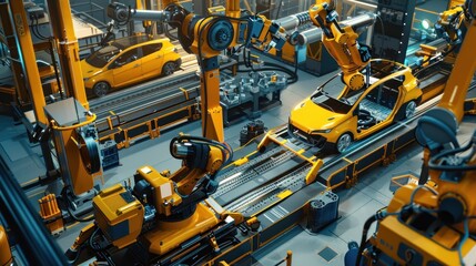 Automated robotic assembly line producing yellow cars.