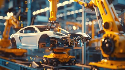 Fototapeta premium White sports car on factory assembly line with robots