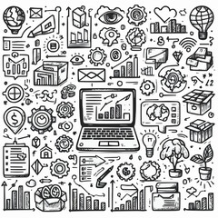 Hand draw technology sketch icon doodle set design. doodle art business hand drawn vector simple. with flowchart, statistic and element component business.