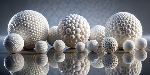 Isolated white balls of varying textures and sizes placed on a reflective surface, showcasing unique shapes and forms with mirrored reflections.