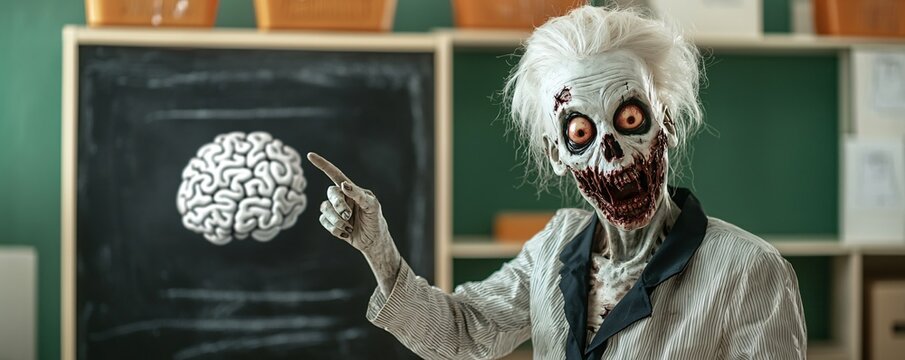 Zombie teacher pointing at a brain on the chalkboard Halloween school theme haunted classroom