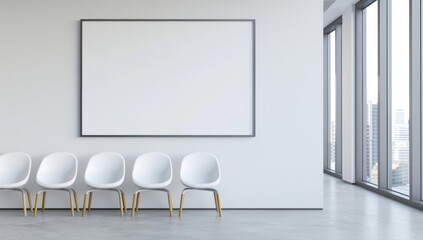 photo of a large white wall with a blank frame for a mockup in the style of modern hospital waiting room