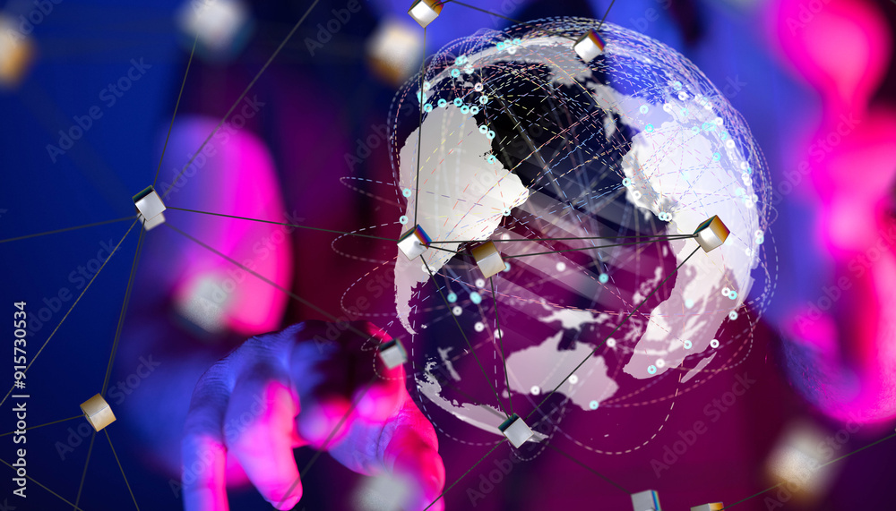 Aufkleber world Global network. Blockchain. 3D illustration. Neural networks and artificial intelligence. Abstract