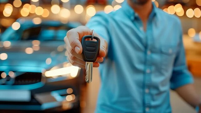 Unrecognizable car dealership sales agent handing buyer the key to the car behind him. Point of view of customer buying a brand new car. Zoom efect