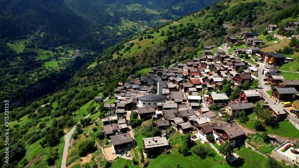 Wall mural albinen is one of the most beautiful mountain villages in the valais canton. switzerland . aerial dr