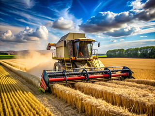 Obraz premium A green combine is in a field of wheat