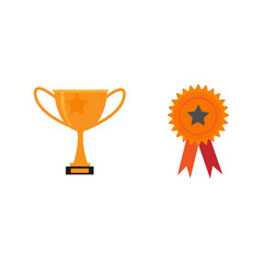 gold trophy cup with ribbon badge vector design