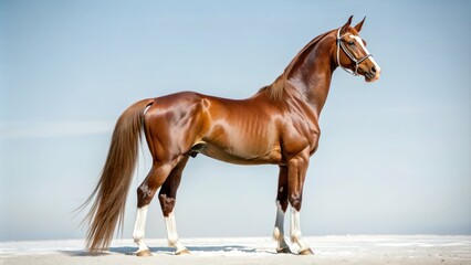 Majestic American Saddlebred horse stands proudly with elegant posture, showcasing its muscular build, shiny coat, and striking white socks on a pure white background.