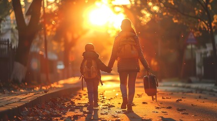 Fototapeta premium Silhouettes of school going children with their mother