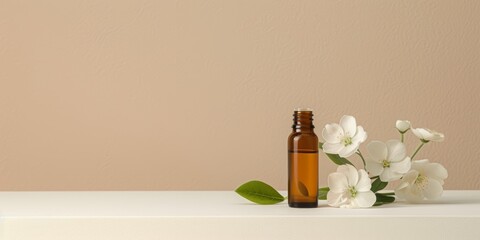 still life of white flowers and green leaves around an amber essential oil bottle on a flat surface