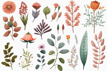 Watercolor collection of assorted flowers and leaves.