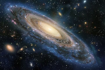 A golden spiral galaxy elegantly extends its luminous arms, surrounded by a variety of planets in a serene deep space setting.