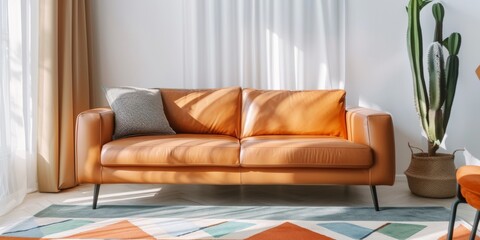sofa in an elegant living room, complemented in the style of bohemian accents like colorful geometric patterns
