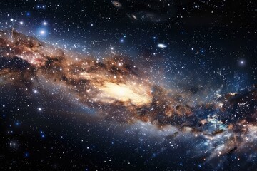 Fototapeta premium A golden spiral galaxy elegantly extends its luminous arms, surrounded by a variety of planets in a serene deep space setting.