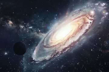 Fototapeta premium A golden spiral galaxy elegantly extends its luminous arms, surrounded by a variety of planets in a serene deep space setting.