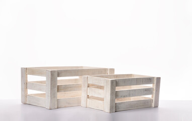 White wooden crate boxes on white background, Empty wooden storage boxes for fruits and vegetables 