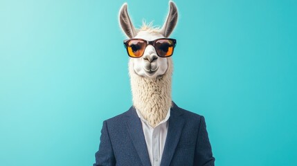 A Llama in Sunglasses and a Suit Against a Blue Background