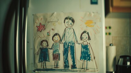 Child's Drawing of Family on Refrigerator Door