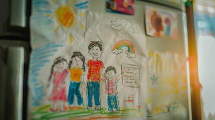 Child's Drawing of Family on Refrigerator Door
