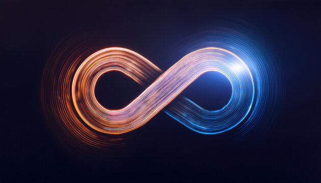 Glowing neon infinity sign on dark background. Eternity, endless and unlimited. Modern design.