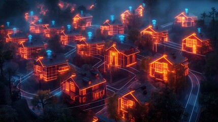 A residential neighborhood of suburban houses illuminated with neon lights showcasing an innovative and futuristic community of homes using future smart technology