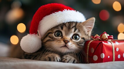 Adorable kitten wearing a Santa hat, lying next to a wrapped Christmas gift with festive bokeh lights in the background, capturing the holiday spirit.