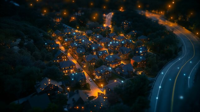 A residential neighborhood of suburban houses illuminated with neon lights showcasing an innovative and futuristic community of homes using future smart technology