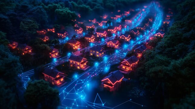 A residential neighborhood of suburban houses illuminated with neon lights showcasing an innovative and futuristic community of homes using future smart technology