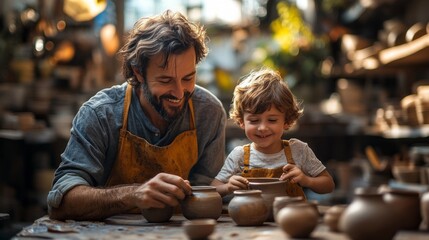 A man and a child are making pottery together