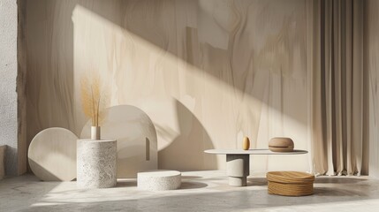 Interior display of products on concrete furniture in a studio with gradient backdrop