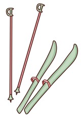 A winter equipment skis and ski poles is a illustration, hand-drawn with watercolor brushes, with outline on a white background. For postcards, greetings, stickers and others DIY.