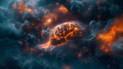 A glowing brain with dynamic electrical currents, representing neural activity and cognitive processes, captured in an abstract visual style, highlighting the mind's energy