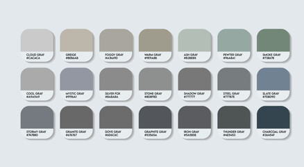 Gray Color Palette, New gray Color Guide Palette with Color Names. Catalog Samples of the Gray with RGB HEX codes and Names. Ash Gray Color Palette Vector, Water-based Colors, Fashion Trend Gray color