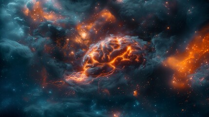 An abstract representation of a brain with vivid electrical currents, depicting neural activity and cognitive processes, illustrated in a dynamic visual form that highlights the mind's energy