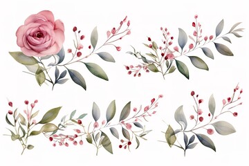 Watercolor floral illustration with pink roses, green leaves, and berry branches.